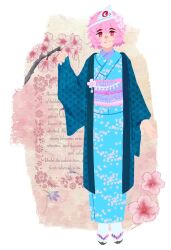  1girl blue_kimono branch cherry_blossoms commentary english_text floral_print floral_print_kimono flower full_body hair_flower hair_ornament highres japanese_clothes kimono looking_at_viewer obi obijime pink_hair pink_sash print_kimono saigyouji_yuyuko sandals sash seigaiha short_hair smile socks solo standing tabi touhou triangular_headpiece weebtoria white_socks wide_sleeves zouri 