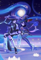  1boy 1girl absurdres albedo_(xieow) animal_print armor asymmetrical_bangs bird_print black_bodysuit black_bow black_bridal_gauntlets black_hair black_nails black_sandals black_shorts blue_kimono blue_leotard blue_sleeves blunt_bangs blunt_ends blush bodysuit bow breasts bridal_gauntlets brooch cape closed_eyes closed_mouth crescent crescent_hat_ornament eyelashes facing_another fingernails full_body fur_cape furisode gem genshin_impact gold_sandals gold_trim grey_eyes hair_between_eyes hand_on_own_arm hand_up hat hat_bow hat_ornament hetero high_heel_sandals high_heels highres japanese_armor japanese_clothes jewelry jingasa juban kimono kote kurokote large_breasts layered_sleeves leaning_forward leg_warmers leotard long_hair looking_at_another mona_(genshin_impact) mona_(pact_of_stars_and_moon)_(genshin_impact) open_clothes open_kimono parted_lips ponytail_holder purple_cape purple_hair purple_hat purple_thighhighs red_cape red_gem red_hat royal_ease sandals scaramouche_(genshin_impact) short_sleeves shorts shoulder_peek side_cape sidelocks sitting smile star_(symbol) star_brooch star_hat_ornament star_print swept_bangs thigh-highs toes tsurime turtleneck turtleneck_bodysuit twintails two-sided_fabric two-sided_headwear white_leg_warmers white_mouth white_sleeves white_trim witch_hat zouri 