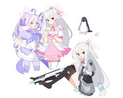  1other 2girls ahoge assault_rifle bare_shoulders bird black_corset black_thighhighs blue_archive bottle bow bowtie commentary corset crescent crescent_hair_ornament cropped_jacket cropped_legs detached_sleeves dress frilled_skirt frills gloves grey_jacket grey_skirt gun hair_ornament halo hand_on_own_hip head_wings highres jacket knees_up long_hair magical_girl multicolored_hair multiple_girls nagatsuki_kei_(nagatsuki22) no_shoes official_alternate_costume open_mouth pantyhose penguin pink_dress pink_hair pov pov_hands puffy_detached_sleeves puffy_sleeves purple_bow purple_bowtie purple_hair purple_jacket purple_pantyhose red_eyes red_ribbon reisa_(blue_archive) reisa_(magical)_(blue_archive) ribbon rifle ringlets sailor_collar short_sleeves sig_mcx signature simple_background single_head_wing sitting skirt striped_clothes striped_thighhighs suzumi_(blue_archive) suzumi_(magical)_(blue_archive) thigh-highs twintails two-tone_hair violet_eyes water_bottle weapon white_background white_dress white_gloves white_hair white_sailor_collar white_thighhighs white_wrist_cuffs wing_hair_ornament wings wrist_cuffs yume_kawaii 