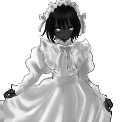  1girl akai_ringo_(eveyuno) black_hair bow closed_mouth curtsey dark-skinned_female dark_skin dress frilled_dress frills hairband highres holding_own_dress holding_own_skirt juliet_sleeves lolita_fashion lolita_hairband long_sleeves looking_at_viewer medium_hair original puffy_sleeves simple_background smile solo white_background white_bow white_dress 