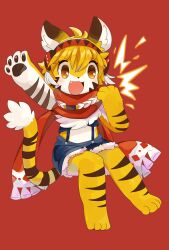  1girl :3 :d ahoge animal_ears arm_up blonde_hair blue_shorts blush brown_eyes commentary_request full_body fur-trimmed_shorts fur_trim furry furry_female hair_between_eyes hand_up highres open_mouth original outstretched_arm po!_(popoemo) red_background red_scarf scarf short_hair shorts simple_background smile solo suspenders tail tiger_ears tiger_girl tiger_stripes tiger_tail yellow_fur 