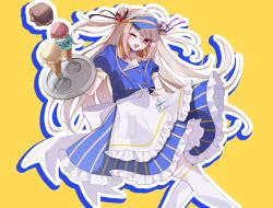  1girl :d abi_kyouka absurdres apron blonde_hair blue_outline blue_shirt blue_skirt blush cherry_hair_ornament commentary_request double_bun food food-themed_hair_ornament frilled_apron frilled_skirt frills hair_between_eyes hair_bun hair_ornament headphones headphones_around_neck highres holding holding_tray ice_cream long_hair name_tag one_eye_closed open_mouth original outline puffy_sleeves shirt simple_background skirt smile thigh-highs tray very_long_hair visor_cap waist_apron waitress white_apron white_thighhighs yellow_background 