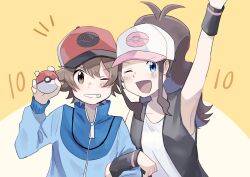  1boy 1girl :d ;d arm_up armpits baseball_cap black_vest blue_jacket blush brown_eyes brown_hair commentary_request grin hat hilbert_(pokemon) hilda_(pokemon) holding holding_poke_ball jacket locked_arms long_sleeves one_eye_closed open_clothes open_mouth open_vest poke_ball poke_ball_(basic) pokemon pokemon_black_and_white red_hat shirt short_hair sidelocks sleeveless sleeveless_shirt smile teeth vest white_hat white_shirt wristband yukinoko2200 zipper_pull_tab 