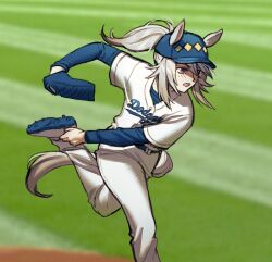 1girl animal_ears baseball_(sport) baseball_cap baseball_mitt baseball_uniform blue_eyes blue_hat blue_shirt blush cleats cookd_shrimp ears_through_headwear grey_hair grey_tail hair_between_eyes hat highres horse_ears horse_girl horse_tail layered_sleeves long_hair long_sleeves los_angeles_dodgers oguri_cap_(umamusume) open_mouth pants pitching ponytail shirt short_over_long_sleeves short_sleeves solo sportswear tail umamusume white_pants white_shirt 