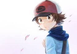  1boy absurdres blue_jacket blush brown_eyes brown_hair commentary_request falling_petals hat highres hilbert_(pokemon) jacket looking_to_the_side male_focus petals pokemon pokemon_black_and_white short_hair simple_background solo strap upper_body white_background yukinoko2200 