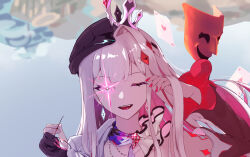  1girl aha_(honkai:_star_rail) black_hat colored_inner_hair commentary_request dual_persona earrings glasses gloves glowing glowing_eye hair_ornament hat highres holding holding_removed_eyewear honkai:_star_rail honkai_(series) jewelry jonerbin2_42 long_hair long_sleeves looking_at_viewer mask multicolored_hair nail_polish nihilux_(honkai:_star_rail) official_alternate_costume one_eye_closed open_mouth partially_fingerless_gloves pink_eyes pink_hair portrait red_nails scarf smile solo split_theme spoilers teeth unworn_eyewear unworn_mask upper_teeth_only 