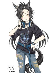  1girl absurdres air_shakur_(umamusume) animal_ears belt black_hair black_shirt blue_belt blue_pants clothes_writing commentary_request contrapposto cowboy_shot dated denim ear_chain eyebrow_piercing face_piercing grin hand_on_own_hip headphones headphones_around_neck highres horse_ears horse_girl horse_tail jeans linked_piercing long_hair looking_at_viewer pants piercing shirt simple_background smile solo tail tomohisa torn_clothes torn_jeans torn_pants umamusume watch watch white_background yellow_eyes 