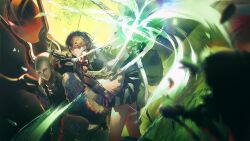  1girl archery_shooting_glove arknights armband arrow_(projectile) belt black_gloves black_jacket black_skirt black_socks bow_(weapon) brown_eyes brown_hair cardigan closed_mouth collared_shirt demon_(megami_tensei) energy energy_arrow game_asset gloves green_moon highres holding holding_arrow holding_bow_(weapon) holding_weapon horns isis_(persona) jacket kneehighs leg_holster lips miniskirt moon non-web_source official_art open_clothes open_jacket partially_fingerless_gloves persona persona_(summon) persona_3 persona_3_reload pink_cardigan pleated_skirt red_armband s.e.e.s shirt short_hair shoulder_belt skirt socks solo standing swept_bangs takeba_yukari wading water weapon white_belt white_shirt 