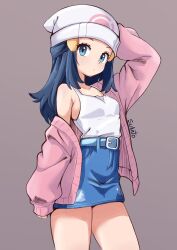  1girl absurdres artist_name beanie belt blue_eyes blue_hair blue_skirt cardigan commentary hair_ornament hairclip hat highres hikari_(pokemon) long_hair long_sleeves looking_at_viewer open_cardigan open_clothes pink_sweater poke_ball_print poke_ball_symbol pokemon pokemon_diamond/pearl/platinum shirt shirt_tucked_in simple_background skirt sleeves_past_fingers sleeves_past_wrists solo strap sukato_(sukato_) sweat sweater white_hat white_shirt 