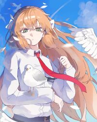  1girl absurdres animal_on_arm belt bird bird_on_arm black_belt blue_sky bow brown_hairband collared_shirt commentary feathers freckles frown green_eyes hair_bow hairband hand_up highres ishmael_(project_moon) limbus_company long_hair long_sleeves looking_at_viewer necktie orange_hair outdoors project_moon red_necktie seagull shirt sky solo upper_body wakadorin284 white_bow white_shirt 
