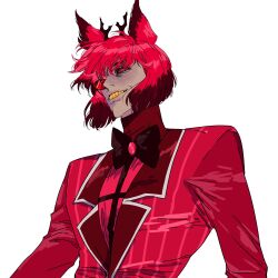  1boy alastor_(hazbin_hotel) animal_ears antlers bow bowtie brown_bow brown_bowtie brown_hair coat colored_sclera colored_teeth commentary_request deer_antlers deer_boy deer_ears evil_grin evil_smile grin hazbin_hotel hellaverse highres horns korean_commentary male_focus monocle multicolored_hair pinkteest profile red-tinted_eyewear red_eyes red_hair red_sclera red_suit smile solo striped_coat suit tinted_eyewear two-tone_hair upper_body vertical-striped_coat yellow_teeth 
