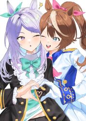  2girls animal_ears aqua_bow ascot black_jacket black_skirt blue_eyes blush bow bowtie brown_hair coat commentary_request ear_bow ear_ribbon epaulettes frilled_coat frilled_jacket frills gloves heart heart_hands heart_hands_duo highres horse_ears horse_girl jacket long_hair long_sleeves mejiro_mcqueen_(frontline_elegance)_(umamusume) mejiro_mcqueen_(umamusume) multicolored_hair multicolored_jacket multiple_girls one_eye_closed open_mouth pink_ascot ponytail ppingjjyu_(u3pri) purple_hair shirt single_epaulette skirt smile streaked_hair tokai_teio_(peak_joy)_(umamusume) tokai_teio_(umamusume) two-tone_jacket two-tone_skirt umamusume violet_eyes white_gloves white_jacket white_skirt white_streaks 