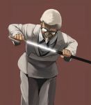  colonel_sanders facial_hair formal glasses grin kfc kfc_(company) kuroko_(piii) male moustache mustache old_man piii sheath shiny smile string_tie suit sword sword_cane unsheathing weapon white_hair you_gonna_get_raped 