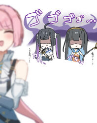  3girls ahoge aura black_hair blurry blurry_background breast_press chitose_(stella_sora) closed_eyes commentary_request dark_aura detached_sleeves eleanor_(stella_sora) false_smile from_side hair_between_eyes hair_bun hair_ornament highres long_hair looking_at_viewer multiple_girls nanatsushi nazuka_(stella_sora) open_mouth shaded_face side_ponytail simple_background smile stella_sora sweatdrop translation_request twintails tyrant_(stella_sora) white_background 