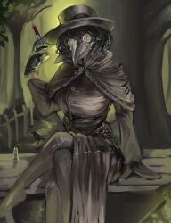  1girl absurdres bird black_coat black_eyes black_gloves black_hair black_hat black_pantyhose black_souls black_souls_2 blackwell_(black_souls) breasts closed_mouth coat commentary_request covered_face gloves grey_eyes hat heterochromia highres holding holding_syringe large_breasts legs mature_female multicolored_eyes nu_zhi40846 pantyhose plague_doctor plague_doctor_mask short_hair sitting solo syringe two-tone_eyes 