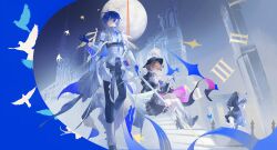  1boy 2girls absurdres aigis_(in_contemplation_of_life)_(persona) aigis_(persona) analog_clock android arknights ascot belt belt_buckle bird black_boots black_dress black_hat black_pants black_skirt blue_butterfly blue_eyes blue_gloves blue_hair boots brown_eyes brown_hair buckle bug building butterfly castle cavalier_hat clock closed_mouth commentary detached_pants dress earrings fake_halo flipped_hair from_side full_body full_moon gloves hair_over_one_eye halo hat hat_feather high_heel_boots high_heels highres holding holding_sword holding_weapon jewelry lin_qing_(phosphorus_1104) looking_to_the_side miniskirt moon multiple_girls nun_headdress official_alternate_costume pants persona persona_3 persona_3_reload profile puffy_sleeves shirt short_hair sitting skirt stairs standing sword takeba_yukari takeba_yukari_(in_vigil_of_dawn_and_dusk) thighs weapon white_ascot white_gloves white_pants white_shirt yuuki_makoto_(in_witness_of_glory)_(persona_3) yuuki_makoto_(persona_3) zettai_ryouiki 