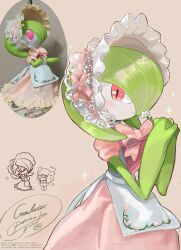  2girls absurdres artist_name blush bow clothed_pokemon colored_skin commentary_request dress flower gardevoir green_skin hair_over_one_eye highres kirlia looking_at_viewer multicolored_skin multiple_girls own_hands_together pink_bow pink_dress pink_eyes pokemon pokemon_(creature) reference_inset simple_background smile sparkle two-tone_skin watermark white_skin yueryu_(taroyuer2) 