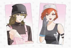  apron aragaki_shinjirou arm_strap armband bare_shoulders beanie black_tank_top brown_eyes brown_hair cake facing_viewer food gloves gradient_background grey_background grey_eyes grey_gloves hair_between_eyes hair_ornament hairclip hand_up hard_hat hat helmet holding holding_wrench icing looking_at_viewer medium_hair multicolored_gloves open_mouth parted_bangs persona persona_3 persona_3_portable pink_apron pink_ribbon ribbon ribbon-trimmed_apron ribbon_trim shiomi_kotone shiomi_kotone_you_liang_zhi_yan_jing simple_background sleeveless sweatdrop sweater tank_top turtleneck turtleneck_sweater two-tone_gloves upper_body wrench 