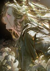  1boy blonde_hair broken_glass brown_tunic character_request commentary_request copyright_request crying crying_with_eyes_open cuso4_suiwabutu dark_background flower flower_request from_side glass glowing glowing_eyes highres light_particles long_hair male_focus open_mouth profile rainbow solo tears teeth tunic upper_body violet_eyes white_flower 