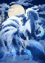  7_phi_3 alternate_color animal_focus blue_grass blue_theme bright_pupils clouds cloudy_sky colored_sclera commentary_request fog fox full_moon grass highres looking_to_the_side moon multiple_tails night ninetales no_humans outdoors pokemon pokemon_(creature) pokemon_focus red_eyes red_sclera scenery shiny_pokemon sky solo tail weeds white_fur white_pupils 