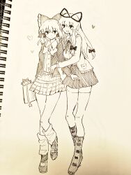  2girls absurdres alternate_costume blush boots bow bowtie cardigan chinese_commentary closed_mouth collared_shirt commentary_request contemporary frilled_bow frilled_hair_tubes frills full_body hair_bow hair_tubes hakurei_reimu heart highres jacket long_hair loving_aura multiple_girls open_clothes open_jacket photo_(medium) plaid_clothes plaid_skirt school_uniform shirt shoes skirt socks thigh-highs touhou traditional_media yakumo_yukari yakumo_yukari_(axolotl) yuri zi_ziyuan_zuhsjsh 