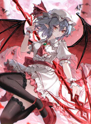  1girl absurdres ascot back_bow bat_(animal) bat_wings black_thighhighs blue_hair blurry bow breasts brooch commentary depth_of_field frilled_wrist_cuffs frills full_body full_moon hat hat_ribbon high_heels highres jewelry looking_at_viewer mary_janes mob_cap moon puffy_short_sleeves puffy_sleeves red_ascot red_bow red_eyes red_moon red_shoes red_sky red_wrist_cuffs remilia_scarlet ribbon shirt shoes short_sleeves skirt skirt_set sky small_breasts solo spear_the_gungnir thigh-highs tomura_amane touhou white_hat white_shirt white_skirt wings wrist_cuffs 