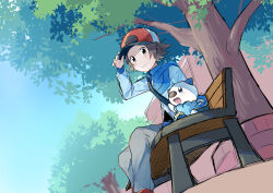  1boy absurdres bag bench blue_jacket brown_hair closed_mouth commentary_request day from_below grey_pants hand_on_headwear hand_up happy hat highres hilbert_(pokemon) jacket looking_down male_focus oshawott outdoors pants pokemon pokemon_(creature) pokemon_black_and_white short_hair sitting smile tree yukinoko2200 