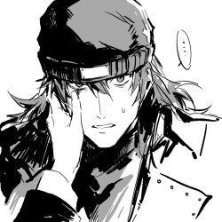  ... aragaki_shinjirou beanie black_hat de678997 facing_viewer hair_between_eyes hand_on_another's_cheek hand_on_another's_face hat looking_at_viewer male_focus medium_hair monochrome parted_lips persona persona_3 persona_3_portable pov pov_hands shiomi_kotone simple_background sketch sweatdrop teeth upper_body white_background 