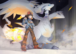  1boy absurdres belt_buckle blue_jacket brown_hair brown_pants buckle commentary_request embers hat highres hilbert_(pokemon) holding holding_poke_ball indoors jacket long_sleeves male_focus pants poke_ball poke_ball_(basic) pokemon pokemon_(creature) pokemon_black_and_white red_hat red_shoes reshiram shoes short_hair smoke standing yukinoko2200 zipper_pull_tab 