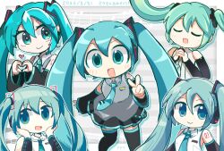  1girl 2026 aqua_eyes aqua_hair aqua_necktie aqua_trim arm_tattoo bare_shoulders belt black_belt black_boots black_skirt boots closed_eyes closed_mouth collared_shirt commentary_request dated detached_sleeves from_above grey_shirt hands_on_own_cheeks hands_on_own_face hatsune_miku hatsune_miku_(vocaloid3) hatsune_miku_(vocaloid4) hatsune_miku_(vocaloid6) headphones heart heart_hands highres looking_to_the_side miku_append necktie number_tattoo open_mouth outline own_hands_together pepoyo pleated_skirt shirt skirt smile tattoo thigh_boots tie_clip twintails v vocaloid white_outline 