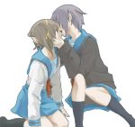  cardigan kiss multiple_girls nagato_yuki school_uniform suzumiya_haruhi suzumiya_haruhi_no_yuuutsu tani_(tus) yuri 