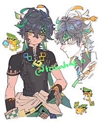  1boy ajaw_(genshin_impact) antenna_hair apron artist_name black_apron black_gloves black_hair black_shirt body_markings bracelet braid closed_mouth clothes_around_waist crossed_bangs dragon dragon_tail earrings eyelashes floating_hair genshin_impact gloves gold_bracelet green_gloves green_hair green_headband green_sash hair_between_eyes hand_on_own_hip headband highres jewelry kinich_(genshin_impact) looking_at_viewer looking_to_the_side male_focus multiple_views necklace orange_hair rainbow_gradient rainbow_order robert_(robahato) sash shirt short_hair short_sleeves side_braid simple_background single_braid smile sunglasses tail tan two-sided_gloves white_background yellow_eyes 