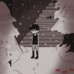  1boy antenna_hair arms_at_sides artist_name black_eyes black_hair black_socks black_tank_top bloody_footprints commentary double-parted_bangs english_commentary footprints hair_between_eyes highres little_one_(omori) no_mouth omori omori_(omori) short_hair shorts snow snowing socks solo stairs standing starlyfnnctn striped_clothes striped_shorts tank_top tree twitter_username vertical-striped_clothes vertical-striped_shorts white_shorts 