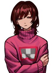  1girl braid brown_hair checkered_sweater commentary english_commentary forgo11en glaring hand_on_own_arm highres madotsuki parted_bangs pink_sweater print_sweater red_eyes solo solo_focus sweater turtleneck turtleneck_sweater twin_braids unusually_open_eyes upper_body white_background yume_nikki 