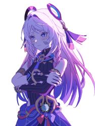  1girl bare_shoulders blue_eyes braid citlali_(genshin_impact) closed_mouth commentary_request cowboy_shot crossed_arms cryo_symbol_(genshin_impact) den_dendayo facial_mark floating_headgear genshin_impact headgear highres leotard light_frown long_hair looking_to_the_side pink_hair pink_pupils purple_sarong ribbed_leotard sarong simple_background sleeveless sleeveless_turtleneck solo triangle triangle_facial_mark turtleneck turtleneck_leotard twin_braids vision_(genshin_impact) white_background 