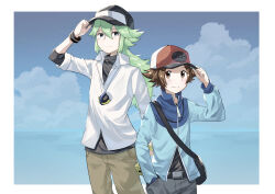  2boys absurdres bag belt_buckle black_bag black_hat blue_jacket brown_eyes brown_hair brown_pants buckle closed_mouth collared_shirt commentary_request green_hair hair_between_eyes hand_in_pocket hand_on_headwear hat highres hilbert_(pokemon) jacket long_hair male_focus multiple_boys n_(pokemon) pants pokemon pokemon_black_and_white shirt shoulder_bag smile undershirt white_shirt yukinoko2200 zipper_pull_tab 