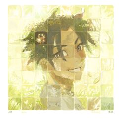  1boy absurdres black_eyes black_hair bruise bruise_on_face bruised_eye chinese_commentary commentary_request false_memory grey_eyes he_mingshuo highres injury looking_back male_focus northy_nakita shirt smile spiky_hair white_shirt 