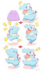  >_< absurdres blob commentary_request crocodilian ditto fangs highres no_humans open_mouth pokemon pokemon_(creature) pokemon_focus pokemon_move red_eyes smile solid_circle_eyes standing tail teeth totodile transform_(pokemon) transformed_ditto waniwani_(hyda7523) white_background 