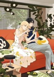  2girls black_eyes black_hair black_slippers blonde_hair blue_shirt cellphone commentary couch couple cup day dress drinking_glass english_commentary food_print fruit_print grey_pants hanging_light highres holding holding_phone indoors lemon_print living_room long_hair looking_at_phone medium_hair multiple_girls on_couch pants parted_lips phone pillow plant potted_plant print_dress qiu_tong rug shirt short_sleeves sitting slice_of_life slippers smartphone smile sq_(series) sun_jing tanjiu unworn_slippers wavy_hair white_dress window_blinds yellow_eyes yuri 