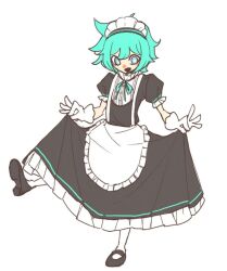  1boy 1girl alternate_costume apron aqua_eyes aqua_hair bazi_sub beatspell black_dress blue_eyes blue_hair commentary_request crossdressing crossdressing_(mtf) curtsey dress enmaided frilled_apron frilled_dress frilled_sleeves frills full_body gloves green_ribbon headdress leg_up maid maid_apron maid_headdress male_focus male_maid mary_janes neck_ribbon open_mouth pantyhose puffy_short_sleeves puffy_sleeves rhythm_tengoku rhythm_tengoku_miracle_stars ribbon shoes short_hair short_sleeves simple_background smile solo standing standing_on_one_leg waist_apron white_apron white_background white_gloves white_pantyhose yu_(beatspell) 