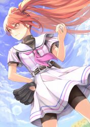  1girl agatsuma_sora ball baseball_(object) baseball_mitt baseball_uniform belt bike_shorts bike_shorts_under_skirt black_belt cinderella_series closed_mouth commentary_request fanny_pack field floating_hair flower flower_field hachigatsu_no_cinderella_nine hand_on_own_hip highres holding holding_ball long_hair n_no0309 neckerchief outdoors pink_neckerchief red_eyes red_hair sailor_collar satogahama_baseball_uniform shirt shirt_under_shirt short_sleeves skirt smile solo sportswear striped_clothes striped_shirt sunflower sunflower_field twintails vertical-striped_clothes vertical-striped_shirt white_sailor_collar white_skirt 