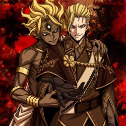  2boys asian_indian_clothes black_gloves black_sclera blonde_hair brown_coat coat colored_sclera commentary_request dairokutenhajun dark-skinned_male dark_skin dies_entelecheia evil_smile gloves gold gold_trim hajun hand_on_another's_shoulder highres jewelry kajiri_kamui_kagura multiple_boys narou_(dies_entelecheia) outstretched_hand reaching reaching_towards_viewer shinza_bansho_series smile third_eye 