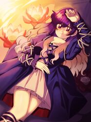  1girl absurdres arm_up black_dress blonde_hair breasts closed_mouth commentary cross-laced_clothes cross-laced_dress dot_nose dress feet_out_of_frame flower gradient_hair hair_spread_out highres hijiri_byakuren layered_dress long_hair long_sleeves looking_at_viewer lying medium_breasts multicolored_hair on_back purple_hair red_flower smile solo split_mouth touhou turtle-kun very_long_hair violet_eyes wavy_hair white_dress 