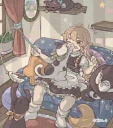  1girl apron back_bow black_cat black_hat black_skirt black_vest blonde_hair bow braid cat cat_teaser chigu commentary_request couch frilled_skirt frills hair_bow hat hat_bow highres holding holding_cat_teaser indoors kirisame_marisa long_hair missing_headwear on_couch one_eye_closed open_mouth plant potted_plant red_bow side_braid single_braid skirt socks touhou twitter_username unworn_headwear vest waist_apron white_apron white_bow white_socks witch_hat yellow_eyes 