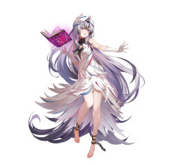  1girl absurdly_long_hair absurdres ankle_cuffs bare_legs bare_shoulders barefoot black_choker black_hair book breasts chain choker company_name copyright_name copyright_notice cuffs dress feather_hair_ornament feathers feet fire_emblem fire_emblem_engage fire_emblem_heroes floating floating_book floating_object full_body gloves grey_hair hair_ornament highres kanda_done legs long_hair looking_at_viewer magic multicolored_hair official_art open_book simple_background small_breasts smile solo tachi-e thighs toenails toes two-tone_hair very_long_hair veyle_(fire_emblem) violet_eyes wavy_hair white_gloves 