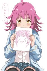  1girl ahoge blue_jacket blunt_bangs blush commentary_request frown highres holding jacket long_sleeves looking_at_viewer love_live! love_live!_nijigasaki_high_school_idol_club maho_ron1 medium_hair nijigasaki_school_uniform pink_hair rina-chan_board school_uniform shy simple_background sitting solo speech_bubble tennoji_rina translation_request yellow_eyes 