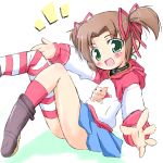  blush bow brown_hair green_eyes hair_bow kojima_tsuma lowres miniskirt mismatched_legwear raglan_sleeves ribbon shadow short_hair simple_background skirt socks striped striped_legwear striped_thighhighs thigh-highs thighhighs twintails yuuna yuuna_(baby_princess) zettai_ryouiki 