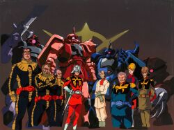  1980s_(style) 1girl army blonde_hair char_aznable character_request closed_mouth combat_helmet commentary_request crowley_hamon dokite_tsukasa facial_hair game_asset gloves gundam gundam_gihren_no_yabou helmet military_uniform mobile_suit_gundam multiple_boys mustache official_art production_art retro_artstyle science_fiction short_hair smile soldier zeon 
