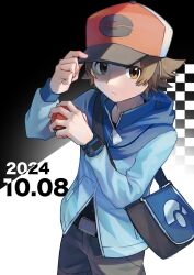  1boy bag belt_buckle blue_jacket brown_eyes brown_hair buckle closed_mouth commentary_request dated hand_on_headwear hands_up hat highres hilbert_(pokemon) holding holding_poke_ball jacket long_sleeves male_focus pants poke_ball poke_ball_(basic) pokemon pokemon_black_and_white short_hair shoulder_bag solo xtransceiver yukinoko2200 zipper_pull_tab 