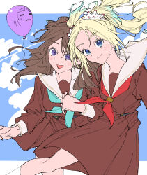  2girls anyoji_hime aqua_neckerchief balloon blonde_hair blue_eyes blush brown_dress brown_hair closed_mouth commentary_request dress flower fujishima_megumi hair_flower hair_ornament haruruhaharur hasu_no_sora_school_uniform highres long_hair long_sleeves looking_at_viewer love_live! love_live!_hasu_no_sora_jogakuin_school_idol_club mira-cra_park! multiple_girls neckerchief open_mouth osawa_rurino red_neckerchief sailor_collar sailor_dress school_uniform smile violet_eyes white_sailor_collar winter_uniform 